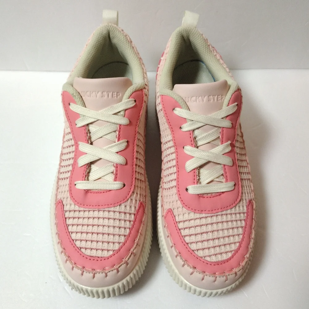 LUCKY STEP Women's Platform Lace-Up Chunky Knit Pink Walking Sneakers Size 8